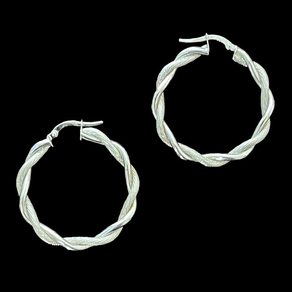 Solid 14K white gold double twisted large hoop earrings - Picture 3 of 8